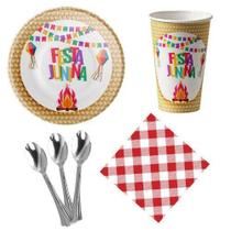 Kit 20 Pratos Copos Guardanapos Colher 14Cm Fogueira Junina Kit 20 Pratos Copos Guardanapos Colher 14Cm Fogueira Junina