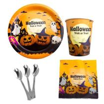 KIT 20 Pratos Copos Guardanapos Colheres 14cm Dia Das Bruxas Papel Halloween Festa
