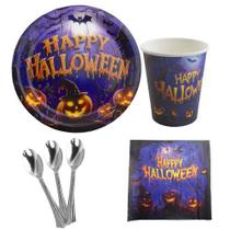 Kit 20 Pratos Copos Papel + 20 Colheres 14cm Halloween Dia Das Bruxas Festa