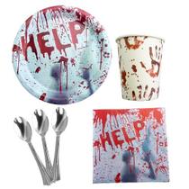 KIT 20 Pratos Copos Papel Guardanapos + Colheres 14cm Halloween Help Festa