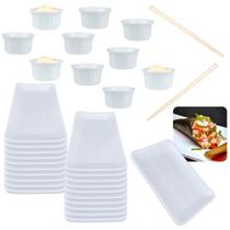 Kit 20 Pratos para Sushi 17,8cm + 20 Ramequins / Molheira 150ml + 30 Pares Hashi Bambu Comida Japonesa