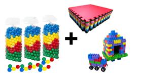 Kit 200 bolinhas coloridas + 6 tatames 1x1 coloridos anti derrapantes + 150 peçinhas de montar multi blocos infantil col