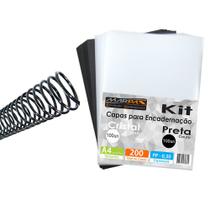 Kit 200 Capas Lisa e Couro A4 + 200 Espirais Preto 9mm