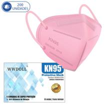 Kit 200 Máscaras Descartáveis KN95 WWDoll Cinco Camadas Rosa com Clipe Nasal