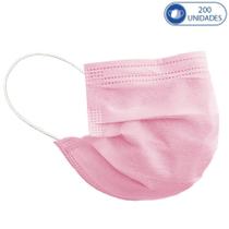 Kit 200 Máscaras Descartáveis Tripla Camada Rosa Claro com Clipe Nasal