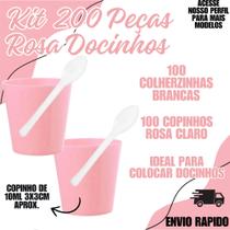 Kit 200 Peças Rosa Copinho + Colher Docinhos Festa