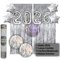 Kit: 2026 Balão, Cortina Metalizada, Lança Confete, Balões Estrela, Festa Virada , Reveillon, Ano Novo, Dourado, Prata Kit: 2026 Balão, Cortina Metalizada, Lança Confete, Balões Estrela, Festa Virada , Reveillon, Ano Novo, Dourado, Prata