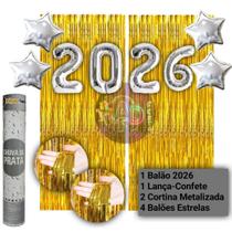 Kit: 2026 Balão, Cortina Metalizada, Lança Confete, Balões Estrela, Festa Virada , Reveillon, Ano Novo, Dourado, Prata Kit: 2026 Balão, Cortina Metalizada, Lança Confete, Balões Estrela, Festa Virada , Reveillon, Ano Novo, Dourado, Prata