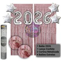 Kit: 2026 Balão, Cortina Metalizada, Lança Confete, Balões Estrela, Festa Virada , Reveillon, Ano Novo, Dourado, Prata Kit: 2026 Balão, Cortina Metalizada, Lança Confete, Balões Estrela, Festa Virada , Reveillon, Ano Novo, Dourado, Prata