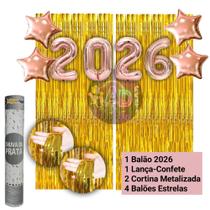 Kit: 2026 Balão, Cortina Metalizada, Lança Confete, Balões Estrela, Festa Virada , Reveillon, Ano Novo, Dourado, Prata Kit: 2026 Balão, Cortina Metalizada, Lança Confete, Balões Estrela, Festa Virada , Reveillon, Ano Novo, Dourado, Prata