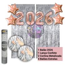 Kit: 2026 Balão, Cortina Metalizada, Lança Confete, Balões Estrela, Festa Virada , Reveillon, Ano Novo, Dourado, Prata Kit: 2026 Balão, Cortina Metalizada, Lança Confete, Balões Estrela, Festa Virada , Reveillon, Ano Novo, Dourado, Prata