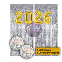 Kit: 2026 Balão, Cortina Metalizada, Lança Confete, Balões Estrela, Festa Virada , Reveillon, Ano Novo, Dourado, Prata Kit: 2026 Balão, Cortina Metalizada, Lança Confete, Balões Estrela, Festa Virada , Reveillon, Ano Novo, Dourado, Prata