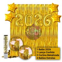 Kit: 2026 Balão, Cortina Metalizada, Lança Confete, Balões Estrela, Festa Virada , Reveillon, Ano Novo, Dourado, Prata Kit: 2026 Balão, Cortina Metalizada, Lança Confete, Balões Estrela, Festa Virada , Reveillon, Ano Novo, Dourado, Prata