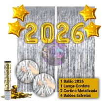 Kit: 2026 Balão, Cortina Metalizada, Lança Confete, Balões Estrela, Festa Virada , Reveillon, Ano Novo, Dourado, Prata Kit: 2026 Balão, Cortina Metalizada, Lança Confete, Balões Estrela, Festa Virada , Reveillon, Ano Novo, Dourado, Prata