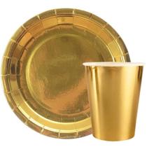 Kit 20Un Prato E Copo Papel Festa Aniversário Dourado Ouro