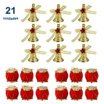 Kit 21 Enfeites Árvore Natal Decoração Natalina Sino Dourado Vermelho Mini Tambor Pinho - Envio Já