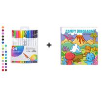 Kit 24 Canetas 2 em 1 Brush Lettering + Livro De Colorir Comfy e Fuzzy