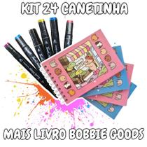 Kit 24 Canetinhas Com Livro De Colorir Capa Dura Marca Texto Duas Pontas Bobbie Goods Stitch