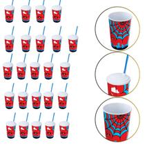 Kit 24 Copo de Plástico 550 ML Herói Homem Aranha Com Canudo Kit 24 Copo de Plástico 550 ML Herói Homem Aranha Com Canudo
