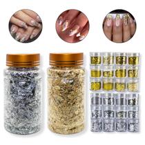 Kit 24 Glitters Flocado 2 Potes Grandes Folha Ouro Prata Decoração de Unhas Manicure Nail Art Nail Designer