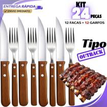kit 24 ou 12 Talheres Churrasco Jumbo Wooden Faca tipo Outback Garfo cabo de Madeira Aço Inox kit 24 ou 12 Talheres Churrasco Jumbo Wooden Faca tipo Outback Garfo cabo de Madeira Aço Inox
