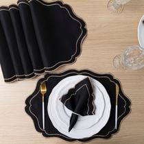 Kit 24 Pçs 12 Lugares Mesa Posta Sousplat Jogo Americano Realeza Bordado Dourado Preto