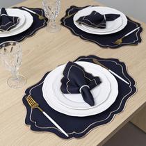 Kit 24 Pçs 12 Lugares Mesa Posta Sousplat Jogo Americano Realeza Bordado Dourado Variação: Marinho