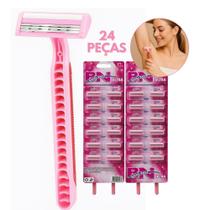 Kit 24 Peças Barbeador Descartáveis Rosa com 3 Lâminas e Fita Lubrificante Antialérgico Multiuso Kit 24 Peças Barbeador Descartáveis Rosa com 3 Lâminas e Fita Lubrificante Antialérgico Multiuso