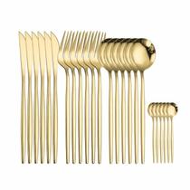 Kit 24 Peças Talheres Dourado de Aço Inox Garfo Colher Faca Colher De Mesa