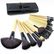 Kit 24 Pincéis De Maquiagem Profissional Com Estojo Preto Com Madeira