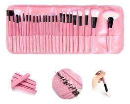 Kit 24 Pincéis Maquiagem Profissional Rosa Pincel de Base Língua de Gato e Duo Fiber Top