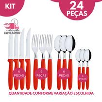 Kit 24 Talheres Faqueiro Colher Garfo Faca Colher de Chá Inox Cabo Preto Premium