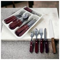 Kit 24 Talheres Faqueiro Com Porta Talher Em Madeira