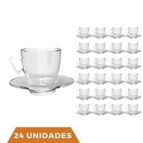 Kit 24 Xícaras Chá e Café C/ Pires Vidro 220mL Transparente