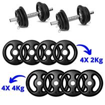 Kit 24kg Anilhas De Ferro Com Barras 40cm (4x 4kg) (4x 2kg)