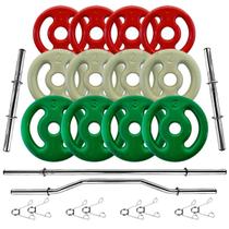 Kit 24Kg Anilhas Emborrachadas com Barras de 40cm e 1,50m + Barra W 1,20m