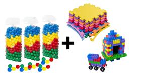 Kit 25 bolinhas coloridas + 1 tatame 50x50 colorido antiderrapante + 30 peçinhas de multi blocos infantil coloridos para