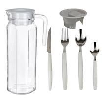 Kit 25 Talheres Inox Jarra Vidro Transparente 1 litro Inoxidável Compacto Garfo Colher Casa