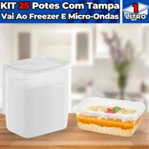 Kit 25 unidades Pote Plástico Retangular Descartável 1000 ML Com Tampa Bpa Free