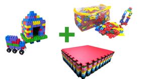 Kit 250 peças de multi blocos infantil para montar colorido + 3 tatames 1x1 antiderrapantes coloridos + 250 peças de lig