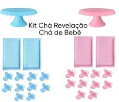 Kit 26 Peças Boleiras + Bandejas Retangular S/ Base + Chupetas Chá Revelação Bebê Rosa Azul