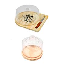 KIT 2pçs Boleira com Faquinha e Queijeira de Madeira NATURAL com tampas de Acrílico, Café