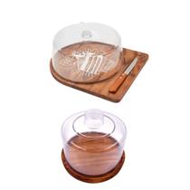 KIT 2pçs Boleira com Faquinha e Queijeira de Madeira Rusticas com tampa de Acrílico, Café