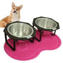 kit 2Tigelas Elevadas Para Cães e Gatos Plus Metal Morapet +Tapete Pet Rosa Vinílico
