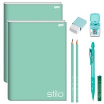 Kit 2un Caderno Brochura Capa Dura 80fls Verde Tom Pastel + Kit Escolar 6pcs Lapiseira Lápis Borracha Apontador Kit 2un Caderno Brochura Capa Dura 80fls Verde Tom Pastel + Kit Escolar 6pcs Lapiseira Lápis Borracha Apontador