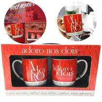 Kit 2Un Caneca Vermelha Porcelana 300Ml Café Adoro Nós Dois