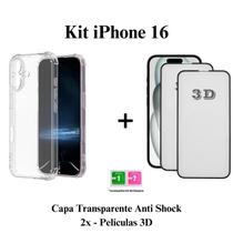 Kit 2UN Pelicula 3D de Vidro + 1UN Capa Transparente para Iphone 16 16 PRO 16 PRO MAX 16 PLUS Kit 2UN Pelicula 3D de Vidro + 1UN Capa Transparente para Iphone 16 16 PRO 16 PRO MAX 16 PLUS