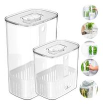 Kit 2un Porta Temperos Natural Ervas Hortaliças Organizador de Geladeira Vertical Prático Com Cesto Regador e Tampa 2 Tamanhos