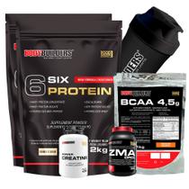 Kit 2x 6 Six Protein 2kg + BCAA 1kg Tangerina + Power Creatina 100g + ZMA 120cáps + Coqueteleira - Bodybuilders