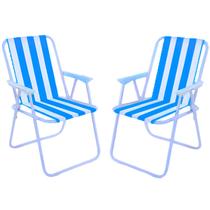 Kit 2X Cadeira de Praia Dobrável Azul Claro Aço Estrutura Reforçada Resistente Leve Confortável